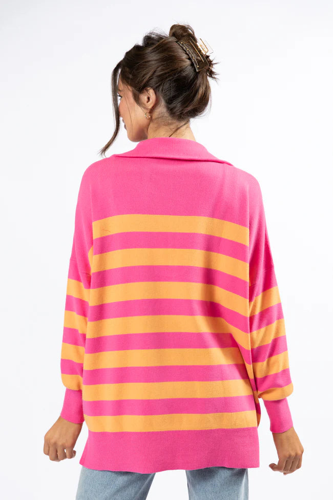 Pulling Heartstrings Pink And Orange Striped Quarter Zip Pullover SALE