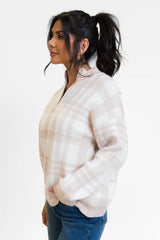 Make It Count Beige Plaid Printed Quarter Zip Pullover SALE