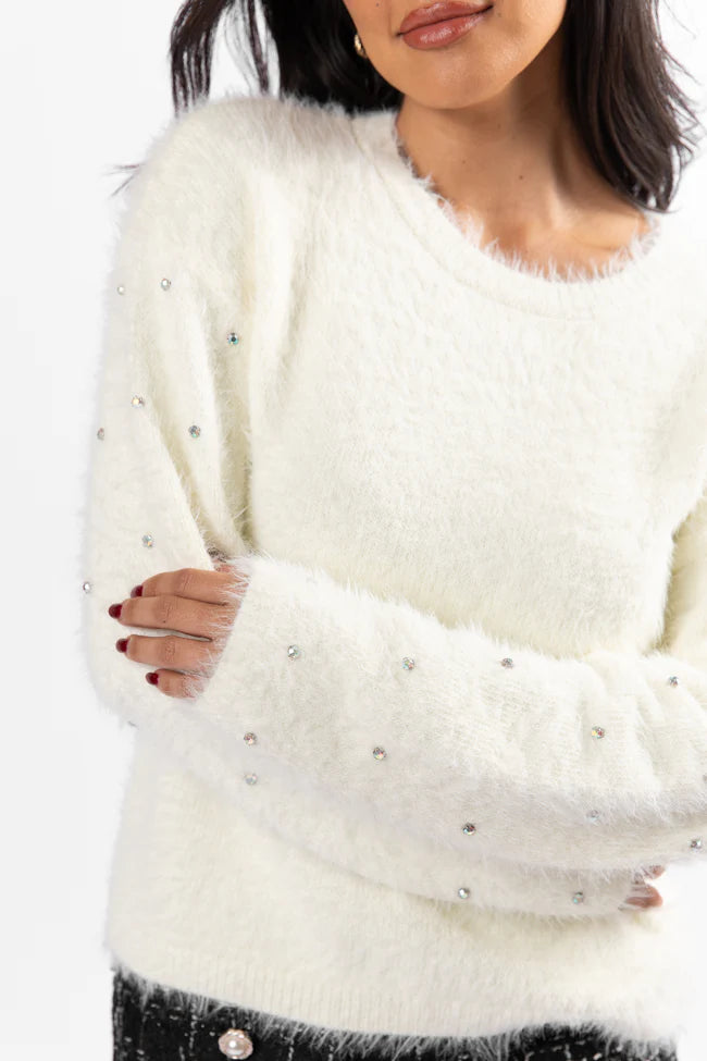 All That Glitters Rhinestone Sleeve Ivory Fuzzy Sweater FINAL SALE