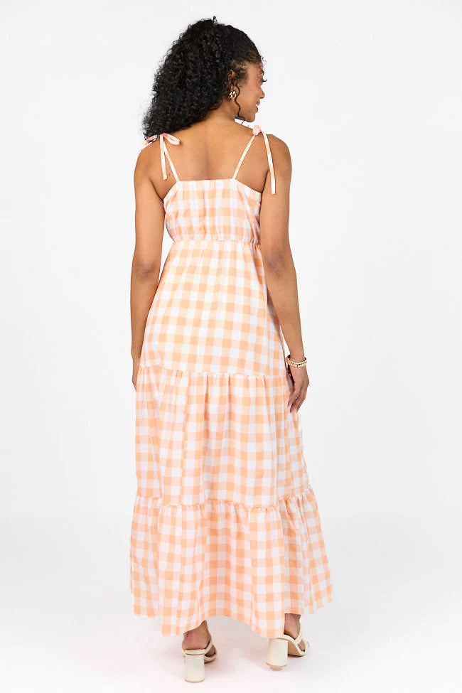 Checked Out Orange Gingham Tie Front Maxi Dress