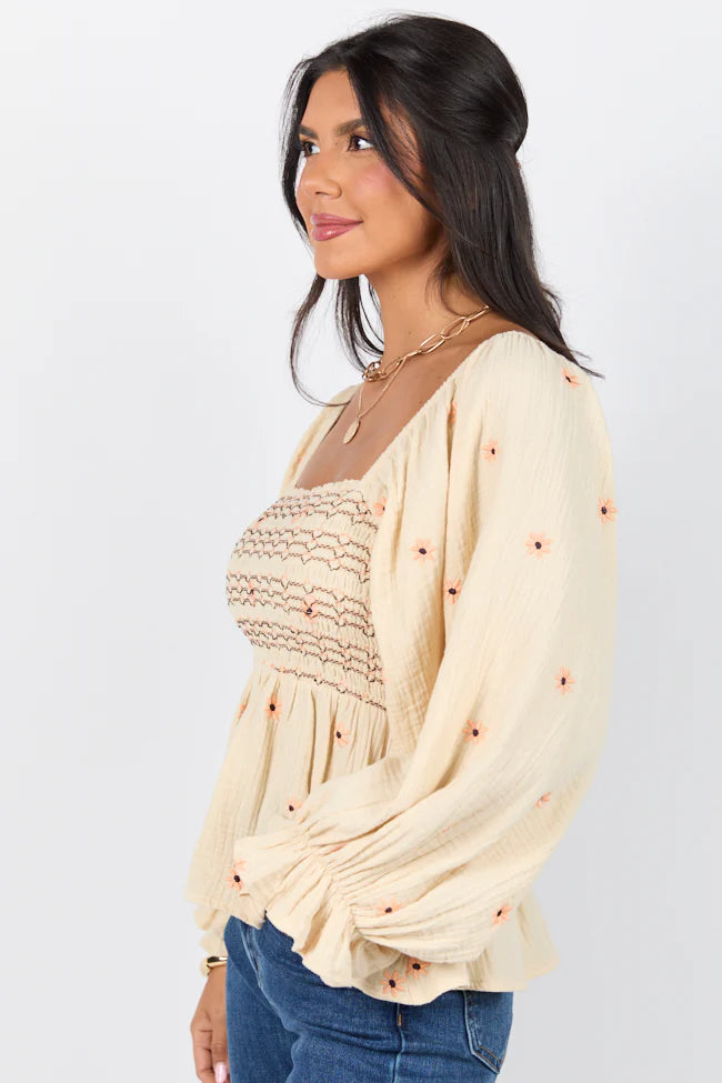 Darling Days Ivory and Pink Floral Embroidered Gauze Top