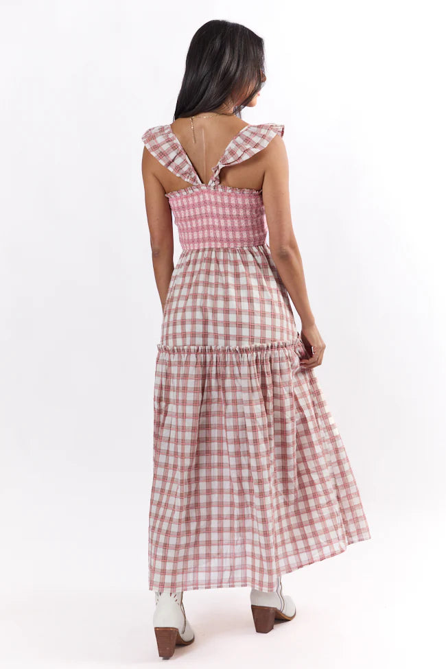 Checked Treasures Pink and Brown Plaid Tiered Midi Dress