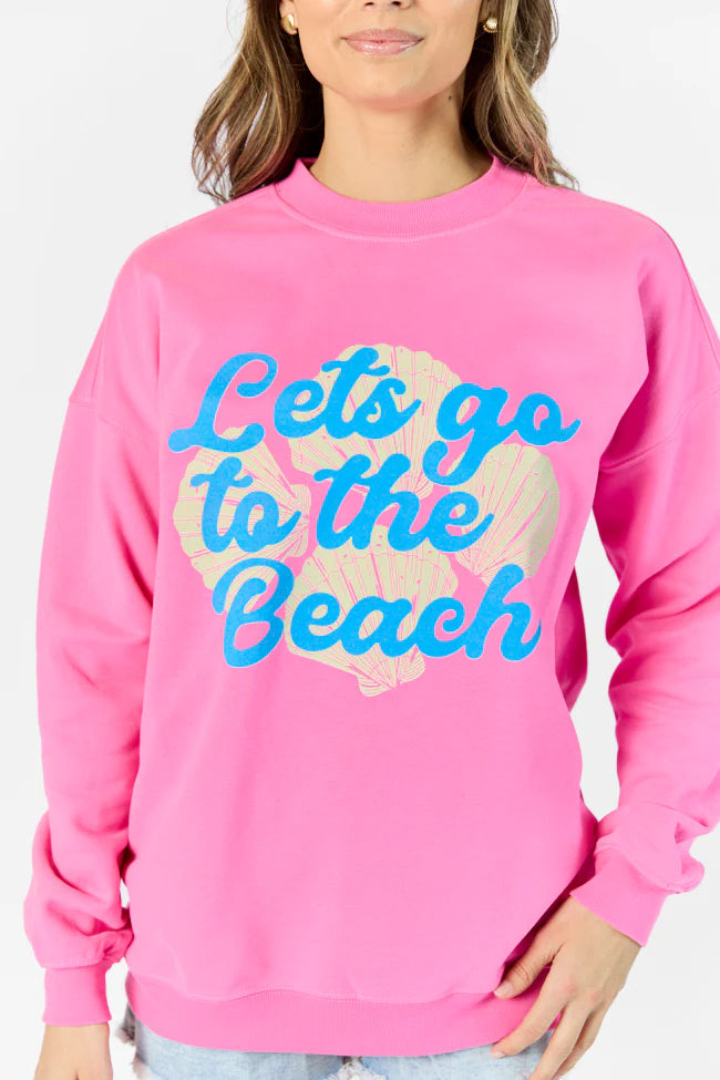 Let's Go To The Beach Pink Oversized Graphic Sweatshirt