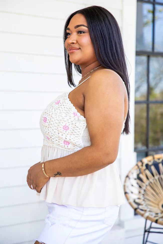 Feeling Happy Beige Crochet Tank FINAL SALE