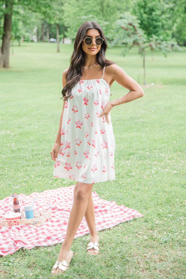 Patriotic Princess Pink and White Star Printed Woven Dress FINAL SALE