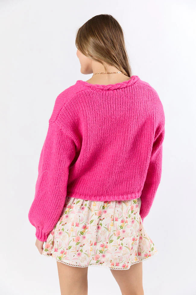 Limitless Love Hot Pink Braided Trim Tie Front Cardigan