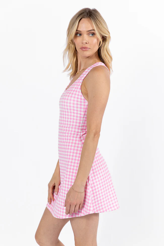 Kick It With Me In Girly Gingham Scoop Neck Active Dress