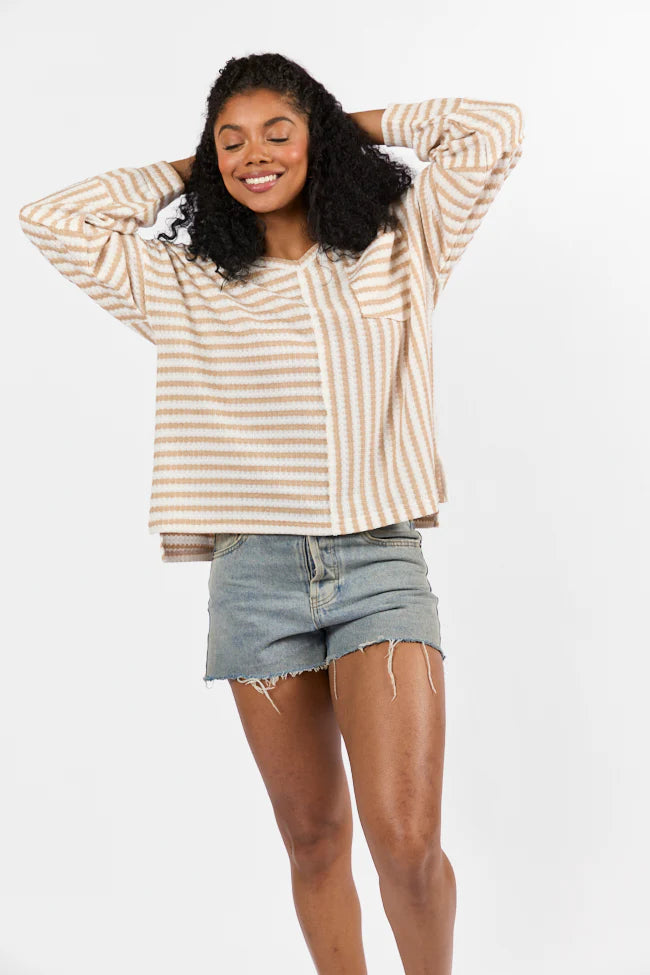 All For Sun Tan and Ivory Striped Knit V-Neck Long Sleeve Tee