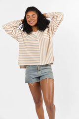 All For Sun Tan and Ivory Striped Knit V-Neck Long Sleeve Tee