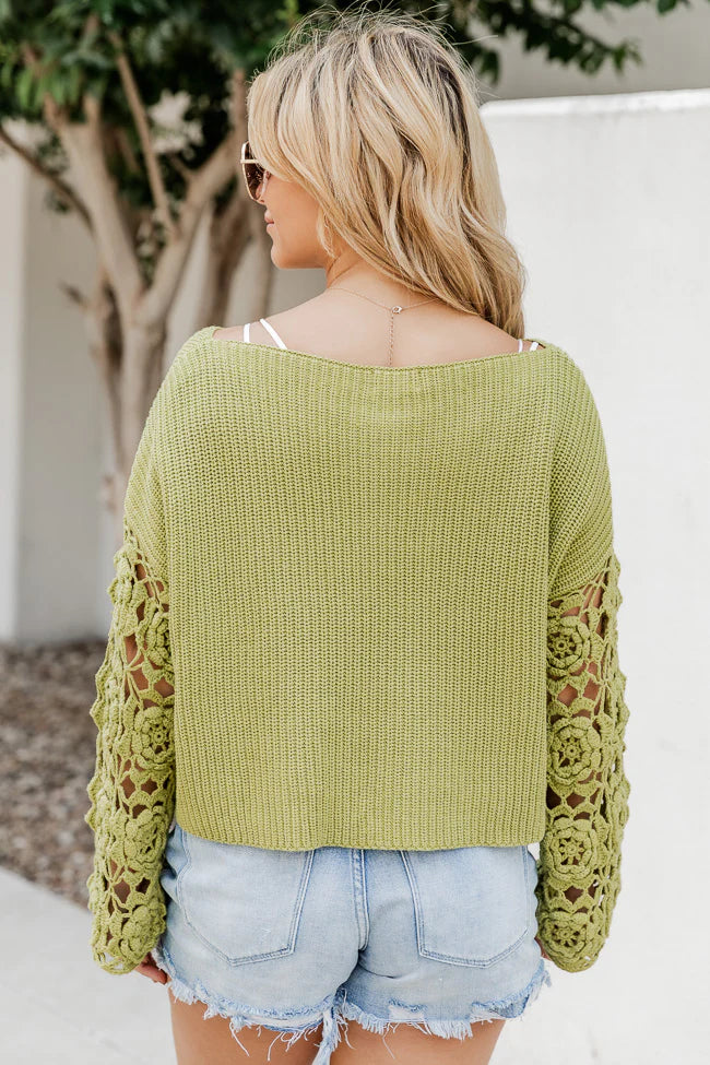 Always My Favorite Green Crochet Sleeve Sweater FINAL SALE