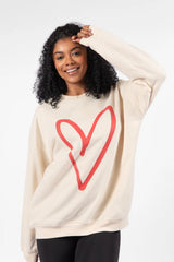 Red Heart Sketch Cream Oversized Graphic Sweatshirt