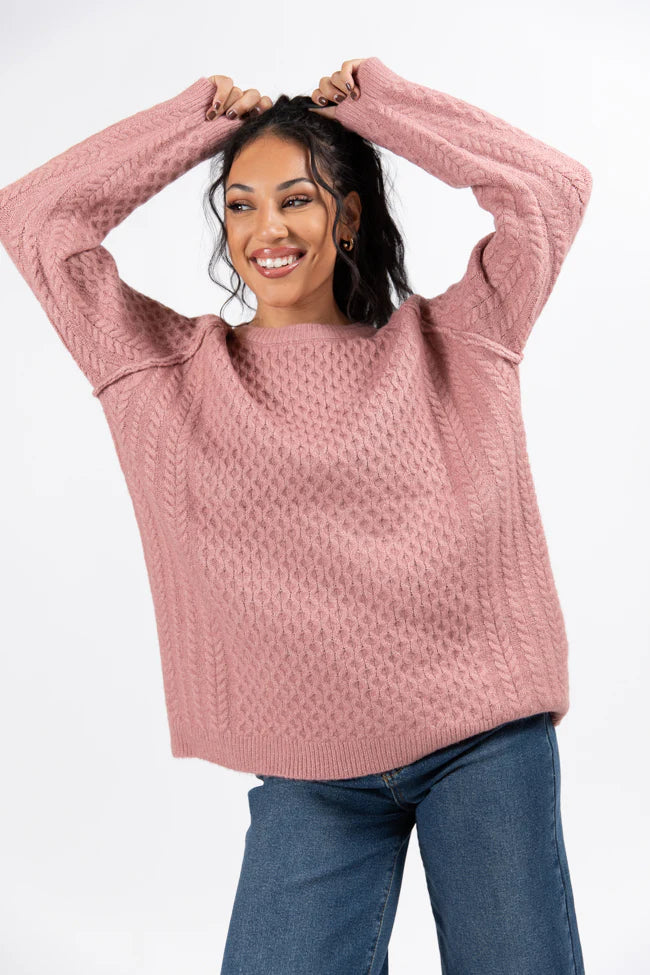 Cable Knit Cuddles Mauve Oversized Crew Neck Sweater