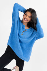 Thinking Of You Blue Fuzzy Henley Blouse SALE