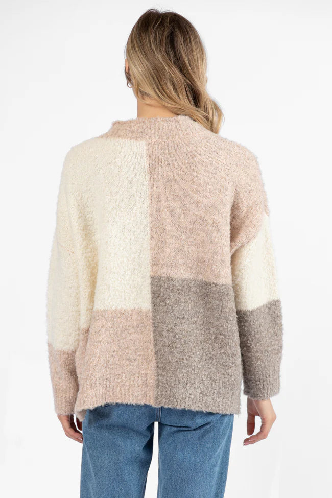 All On You Beige Multi Fuzzy Colorblock Mock Neck Sweater