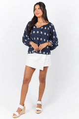 Come Along Navy Embroidered Woven Pop Over Blouse