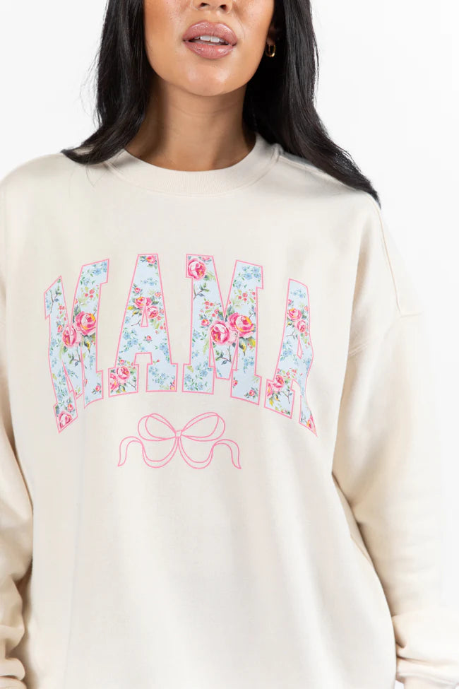 Mama Floral Bow Cream Oversized Graphic Sweatshirt