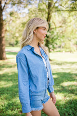 A Girl Like Me Medium Wash Cropped Chambray Blouse FINAL SALE