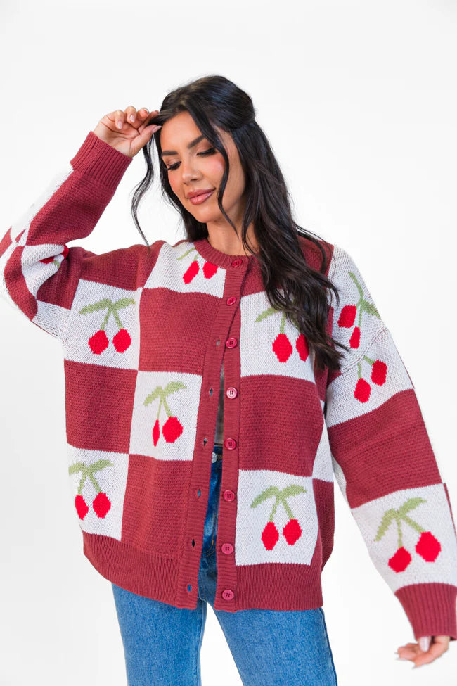 Cherry Much In Love Brick and White Multi Checkered Cardigan