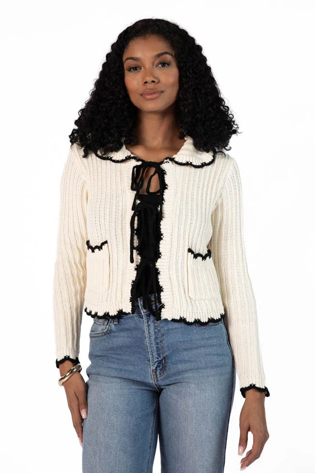 Aim High Cream and Black Tie Front Crochet Cardigan