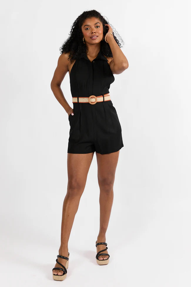 Five Star Black Collared Romper With Belt Detail