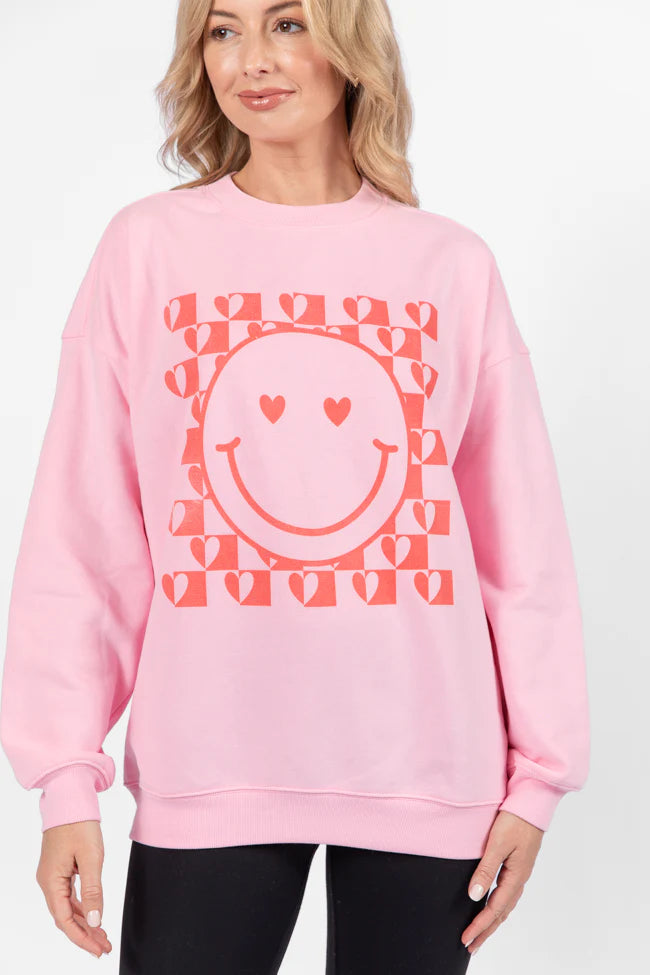 Heart Checkered Smiley Light Pink Oversized Graphic Sweatshirt