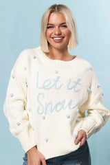 Let It Snow Ivory And Blue Fuzzy Pom Sweater FINAL SALE