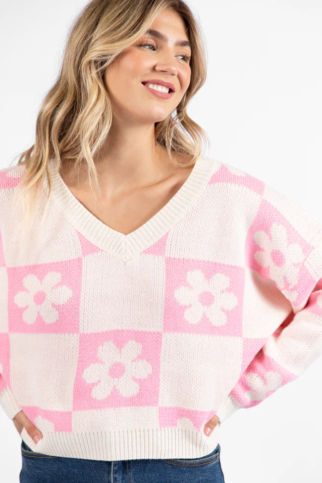 Found A New Way Pink V-Neck Checkered Flower Sweater SALE