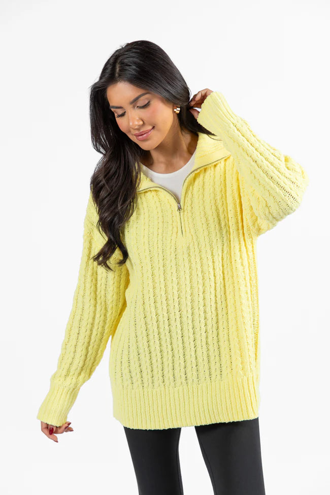 Forever Yours Yellow Cable Knit Chenille Quarter Zip Sweater SALE