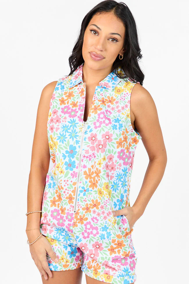 A Lesson Learned Multi Zipper Front Floral Denim Romper