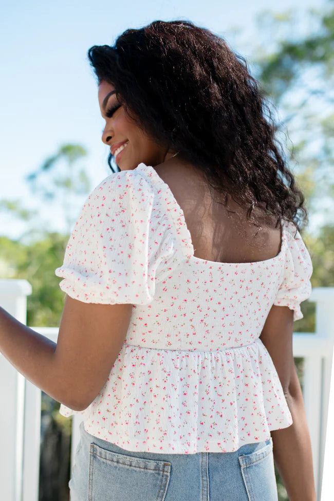 Big Feelings Ivory and Pink Floral Cinched Bust Knit Top SALE