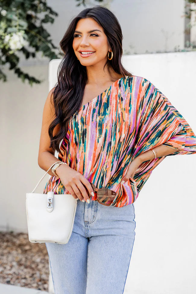 All Dressed Up Multi Printed Satin One Shoulder Blouse FINAL SALE