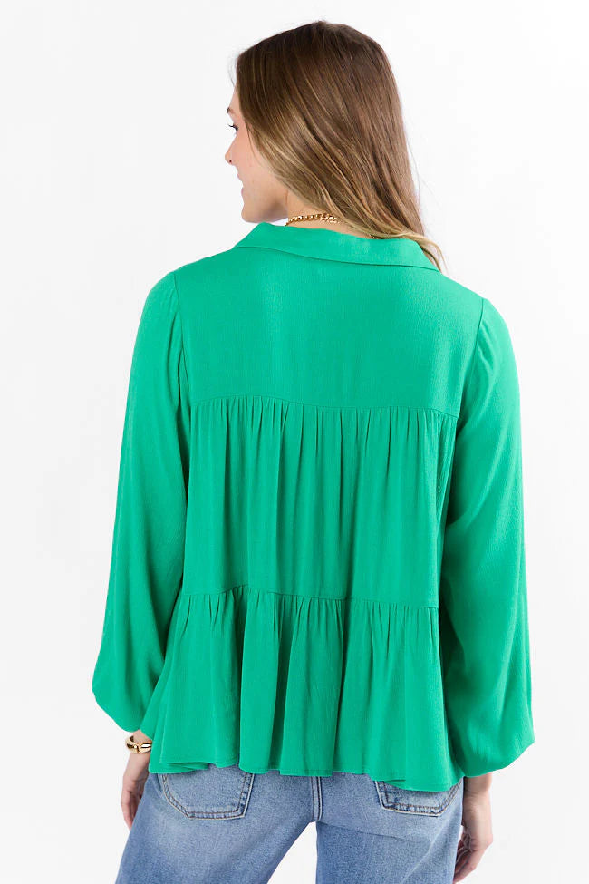 Something Good Green Tiered Relaxed Button Down Blouse