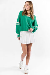 All The Good Green V-Neck Varsity Sweater