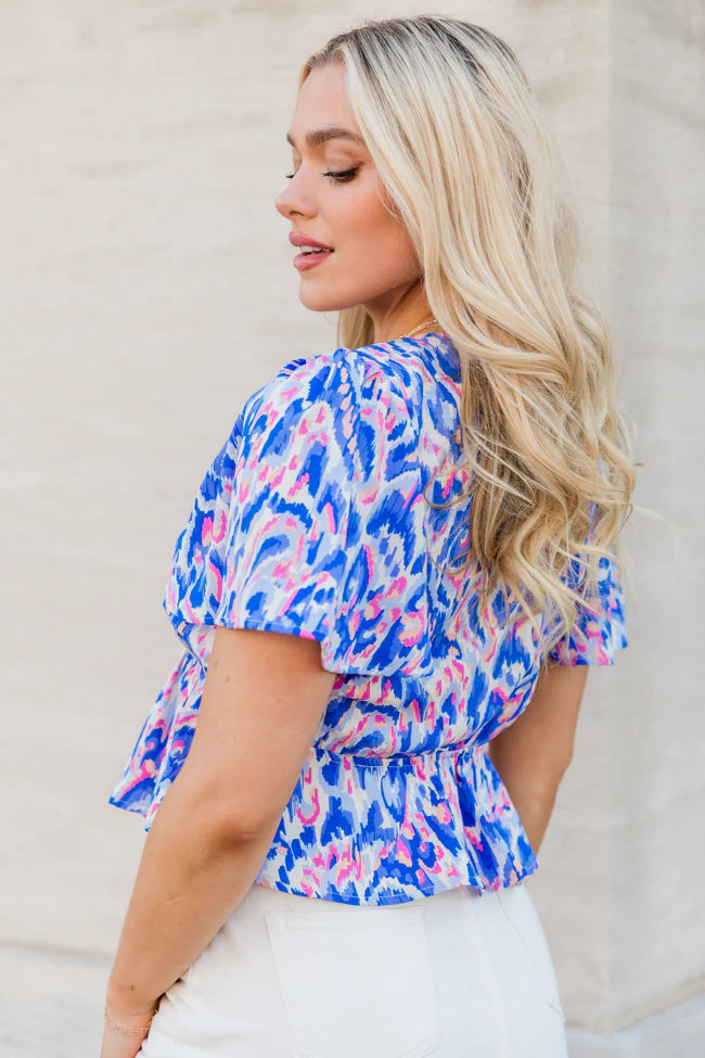 Snagged Your Attention Blue Short Sleeve Printed Top SALE