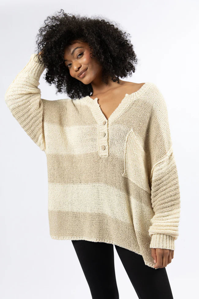 Know You Best Beige Oversized Striped Henley Sweater