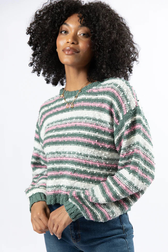 While I'm Away Green Multi Striped Popcorn Sweater