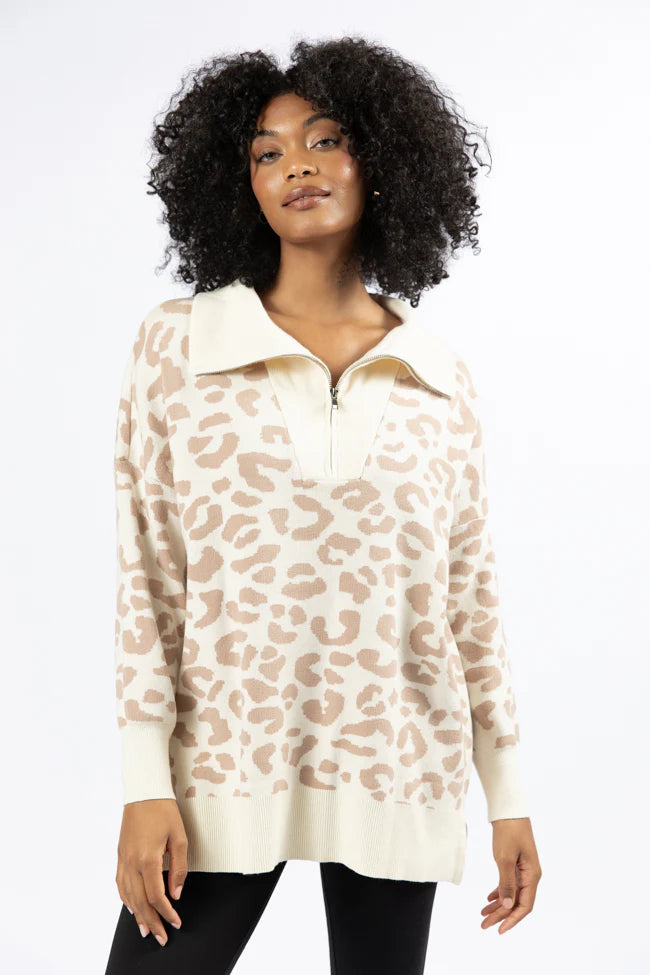 Pulling Heartstrings Tan And Cream Leopard Quarter Zip Pullover SALE