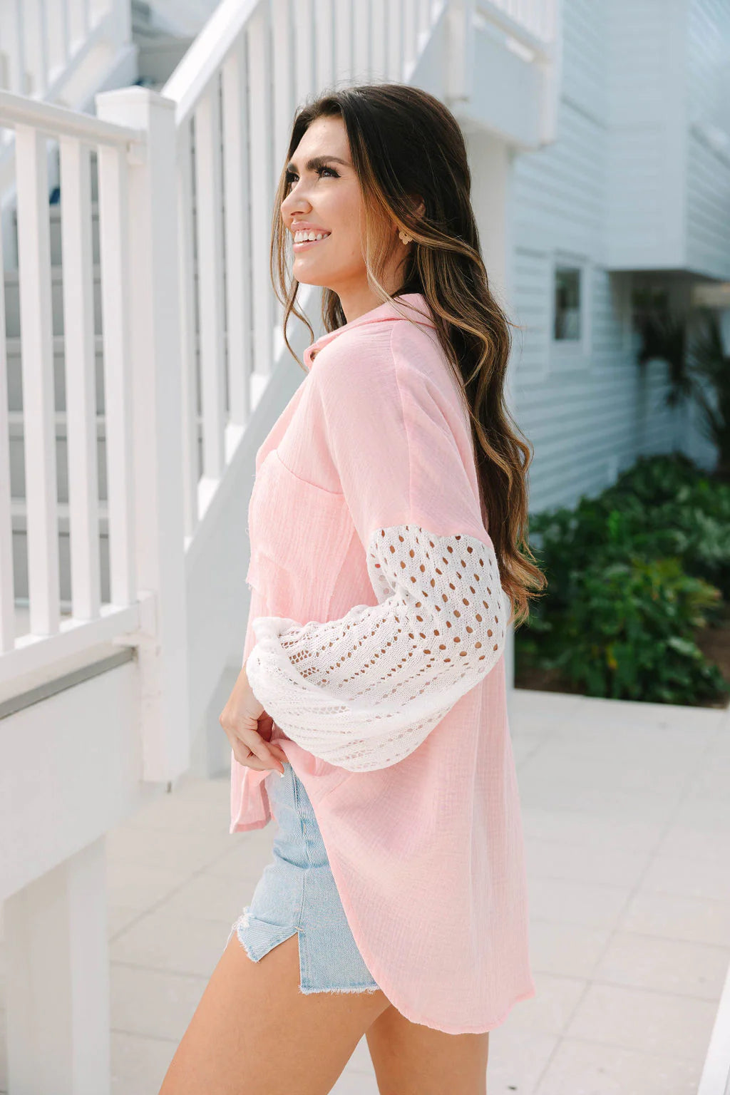 Keep Shining Pink and Cream Color Block Crochet Sleeve Gauze Shacket SALE