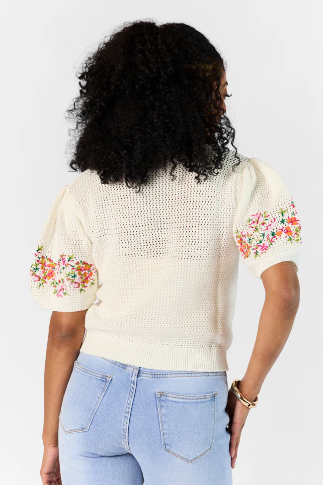 Come To The Garden Beige Multi Open Knit Floral Embroidered Short Sleeve Sweater