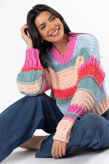 In Line Peach Multi Chunky Striped Sweater