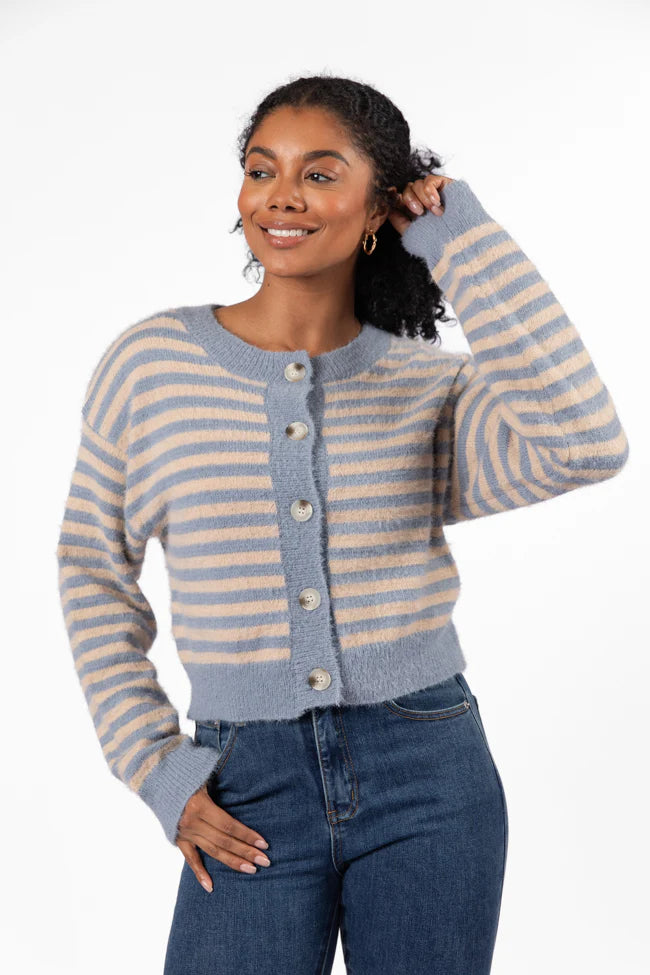 More Than Amazing Slate Grey Striped Button Front Cardigan