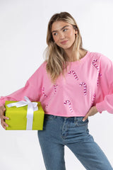 Candy Cane Dreams Pink Sequin Patch Sweatshirt FINAL SALE