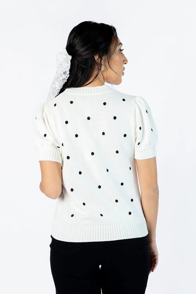 Polka Dot Daydreams Ivory and Black Short Sleeve Sweater