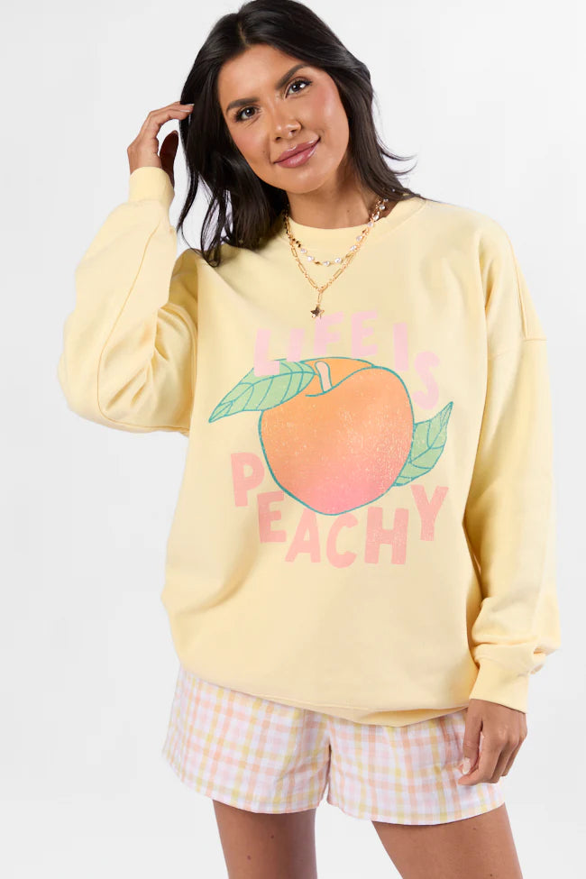 Life is Peachy Light Yellow Oversized Graphic Sweatshirt