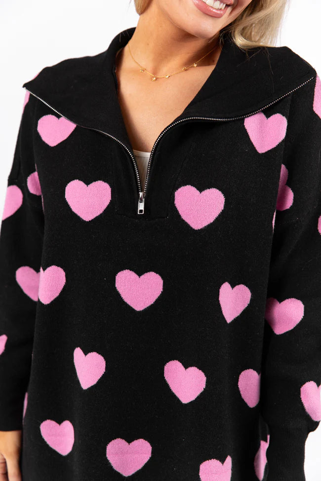 Pulling Heartstrings Black and Pink Heart Print Quarter Zip Pullover FINAL SALE