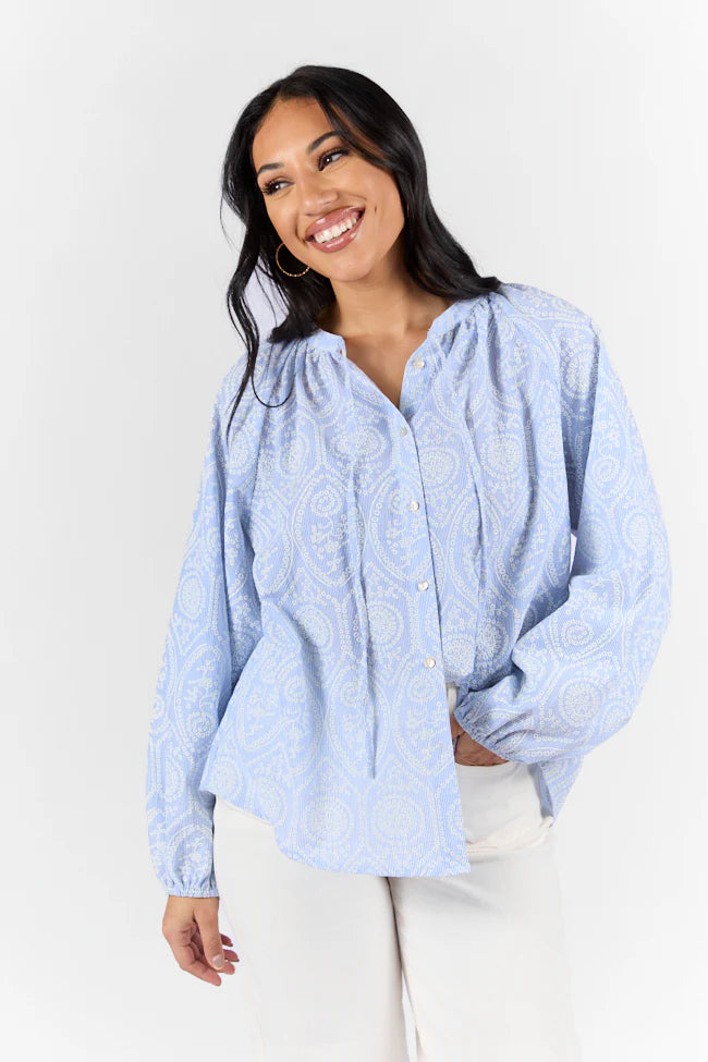 Downtown Delight Blue Embroidered Woven Button Down Blouse