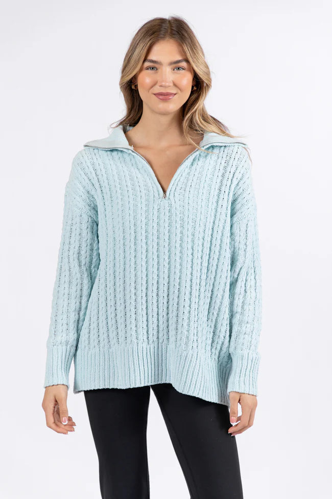 Forever Yours Blue Cable Knit Chenille Quarter Zip Sweater SALE