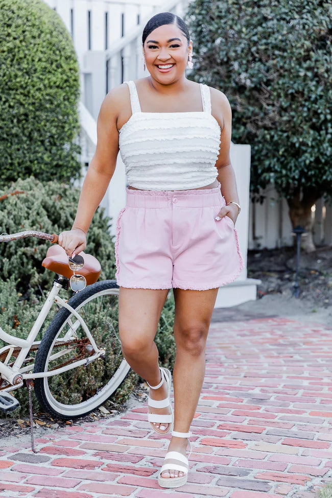 Thought It Was A Dream Pink Frayed Hem Paper Bag Waist Denim Shorts FINAL SALE