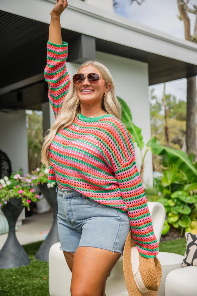 Chasing Rainbows Pink And Green Crochet Sweater FINAL SALE