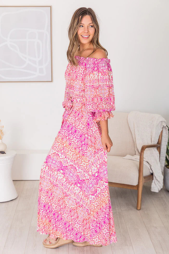 Dynamic Love Pink Printed Off The Shoulder Maxi Dress FINAL SALE